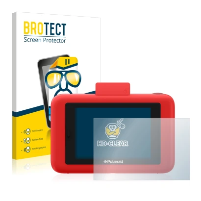 Parte frontal de un envase de producto con el logotipo de la marca BROTECT. Al lado se muestra el dispositivo Polaroid Snap To