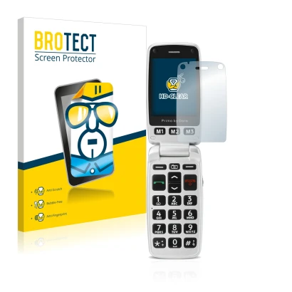 Parte frontal de un envase de producto con el logotipo de la marca BROTECT. Al lado se muestra el dispositivo Doro Primo 413 c