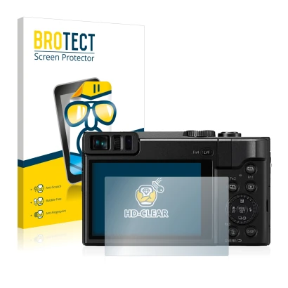 Parte frontal de un envase de producto con el logotipo de la marca BROTECT. Al lado se muestra el dispositivo Panasonic Lumix 