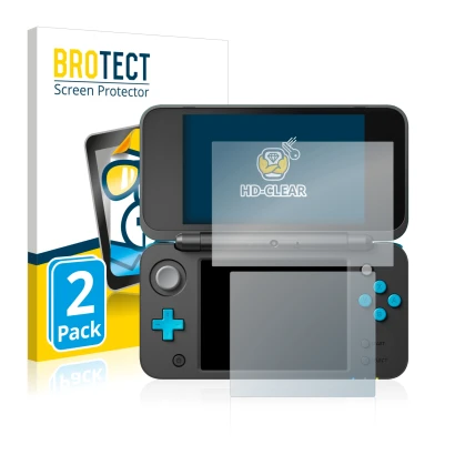 Parte frontal de un envase de producto con el logotipo de la marca BROTECT. Al lado se muestra el dispositivo Nintendo 2DS XL 