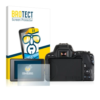 Parte frontal de un envase de producto con el logotipo de la marca BROTECT. Al lado se muestra el dispositivo Canon EOS 200D c
