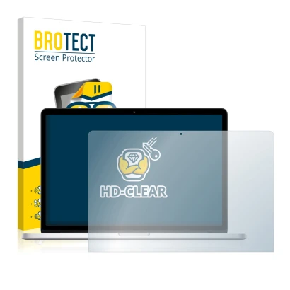 Parte frontal de un envase de producto con el logotipo de la marca BROTECT. Al lado se muestra el dispositivo Apple MacBook Pr