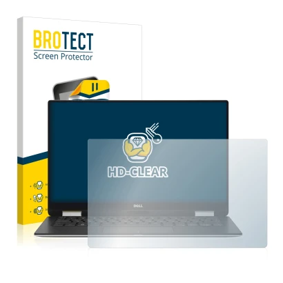 Parte frontal de un envase de producto con el logotipo de la marca BROTECT. Al lado se muestra el dispositivo Dell XPS 13 9365