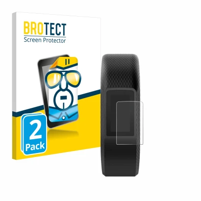 Parte frontal de un envase de producto con el logotipo de la marca BROTECT. Al lado se muestra el dispositivo Garmin Vivosport