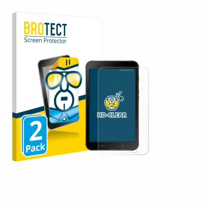 Parte frontal de un envase de producto con el logotipo de la marca BROTECT. Al lado se muestra el dispositivo Samsung Galaxy T