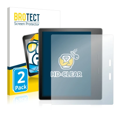 Parte frontal de un envase de producto con el logotipo de la marca BROTECT. Al lado se muestra el dispositivo Amazon Kindle Oa