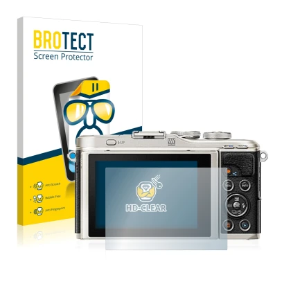 Parte frontal de un envase de producto con el logotipo de la marca BROTECT. Al lado se muestra el dispositivo Olympus PEN E-PL