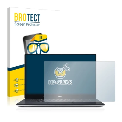 Parte frontal de un envase de producto con el logotipo de la marca BROTECT. Al lado se muestra el dispositivo Dell XPS 15 9560