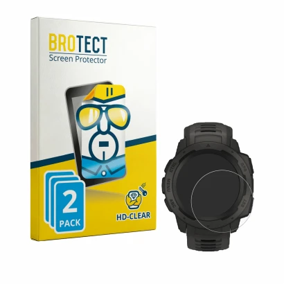 Parte frontal de un envase de producto con el logotipo de la marca BROTECT. Al lado se muestra el dispositivo Garmin Instinct