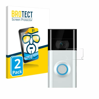 Parte frontal de un envase de producto con el logotipo de la marca BROTECT. Al lado se muestra el dispositivo Ring Doorbell 2