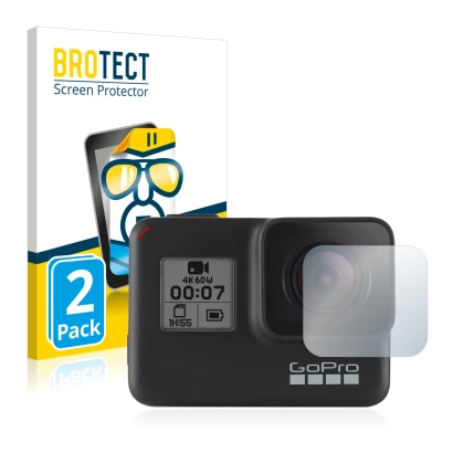 Parte frontal de un envase de producto con el logotipo de la marca BROTECT. Al lado se muestra el dispositivo GoPro Hero 7 Bla
