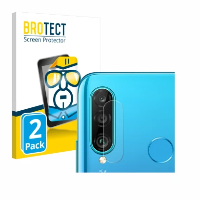 Parte frontal de un envase de producto con el logotipo de la marca BROTECT. Al lado se muestra el dispositivo Huawei P30 lite 