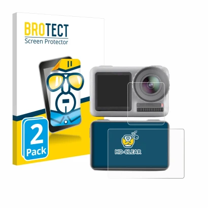 Parte frontal de un envase de producto con el logotipo de la marca BROTECT. Al lado se muestra el dispositivo DJI Osmo Action