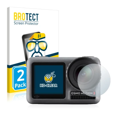 Parte frontal de un envase de producto con el logotipo de la marca BROTECT. Al lado se muestra el dispositivo DJI Osmo Action 