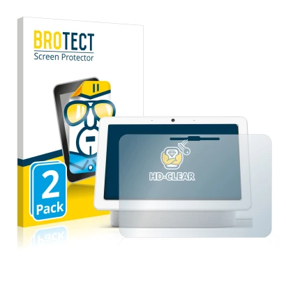 Parte frontal de un envase de producto con el logotipo de la marca BROTECT. Al lado se muestra el dispositivo Google Nest Hub