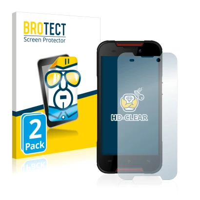 Parte frontal de un envase de producto con el logotipo de la marca BROTECT. Al lado se muestra el dispositivo Cubot Quest Lite