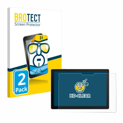Parte frontal de un envase de producto con el logotipo de la marca BROTECT. Al lado se muestra el dispositivo Microsoft Surfac
