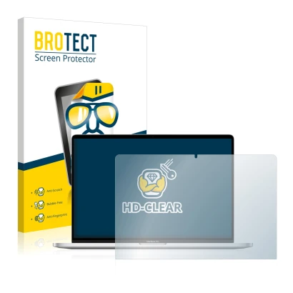 Parte frontal de un envase de producto con el logotipo de la marca BROTECT. Al lado se muestra el dispositivo Apple MacBook Pr