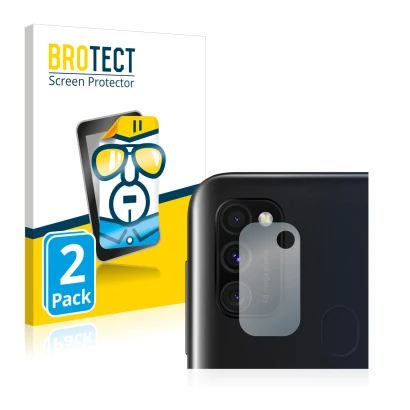 Parte frontal de un envase de producto con el logotipo de la marca BROTECT. Al lado se muestra el dispositivo Samsung Galaxy M