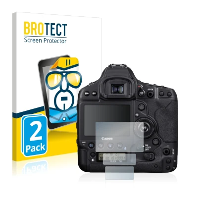 Parte frontal de un envase de producto con el logotipo de la marca BROTECT. Al lado se muestra el dispositivo Canon EOS 1D X M