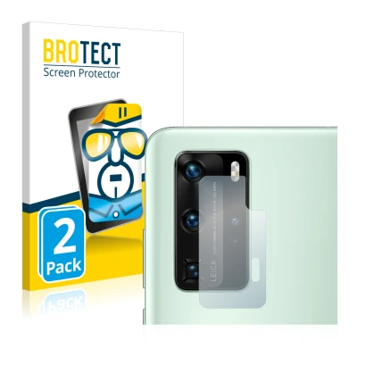 Parte frontal de un envase de producto con el logotipo de la marca BROTECT. Al lado se muestra el dispositivo Huawei P40 Pro (