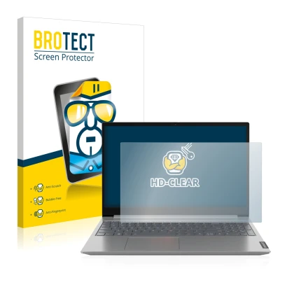 Parte frontal de un envase de producto con el logotipo de la marca BROTECT. Al lado se muestra el dispositivo Lenovo ThinkBook