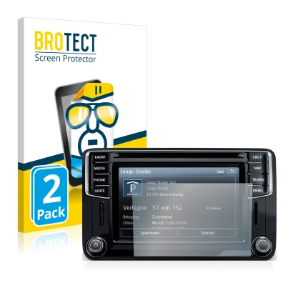 Parte frontal de un envase de producto con el logotipo de la marca BROTECT. Al lado se muestra el dispositivo Volkswagen Caddy