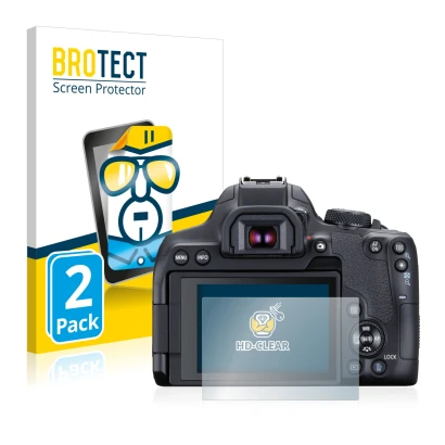 Parte frontal de un envase de producto con el logotipo de la marca BROTECT. Al lado se muestra el dispositivo Canon EOS 850D c