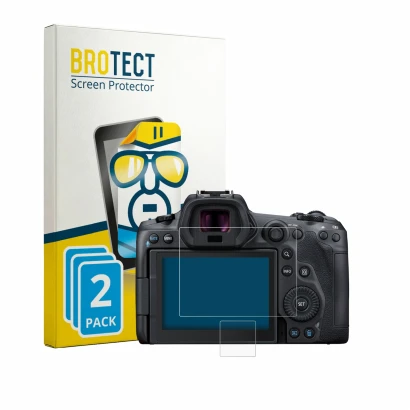Parte frontal de un envase de producto con el logotipo de la marca BROTECT. Al lado se muestra el dispositivo Canon EOS R5 con