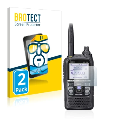 Parte frontal de un envase de producto con el logotipo de la marca BROTECT. Al lado se muestra el dispositivo Icom ID-51E Plus