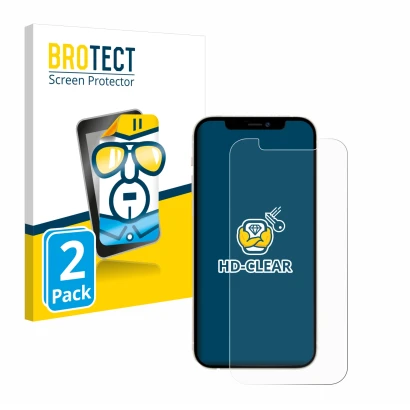 Parte frontal de un envase de producto con el logotipo de la marca BROTECT. Al lado se muestra el dispositivo Apple iPhone 12 