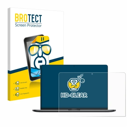 Parte frontal de un envase de producto con el logotipo de la marca BROTECT. Al lado se muestra el dispositivo Apple MacBook Pr