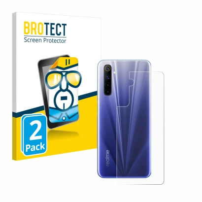 Parte frontal de un envase de producto con el logotipo de la marca BROTECT. Al lado se muestra el dispositivo realme 6 (Traser