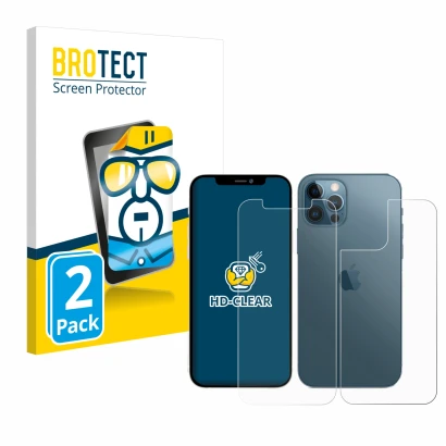 Parte frontal de un envase de producto con el logotipo de la marca BROTECT. Al lado se muestra el dispositivo Apple iPhone 12