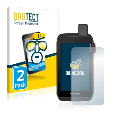 Parte frontal de un envase de producto con el logotipo de la marca BROTECT. Al lado se muestra el dispositivo Garmin Montana 7