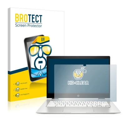 Parte frontal de un envase de producto con el logotipo de la marca BROTECT. Al lado se muestra el dispositivo HP Chromebook x3