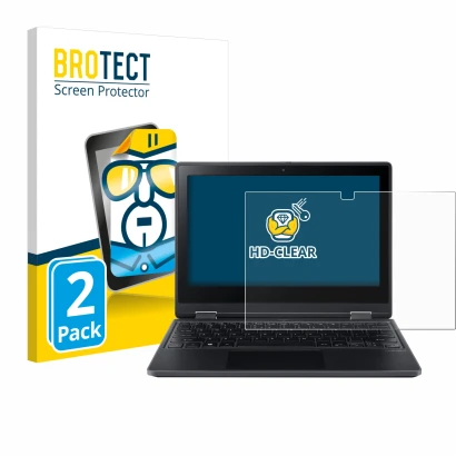 Parte frontal de un envase de producto con el logotipo de la marca BROTECT. Al lado se muestra el dispositivo Acer TravelMate 