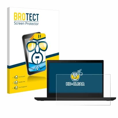 Parte frontal de un envase de producto con el logotipo de la marca BROTECT. Al lado se muestra el dispositivo Lenovo ThinkPad