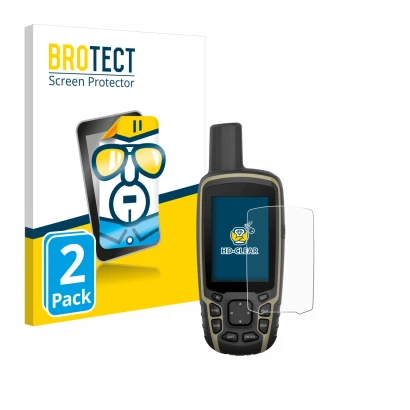 Parte frontal de un envase de producto con el logotipo de la marca BROTECT. Al lado se muestra el dispositivo Garmin GPSMAP 65