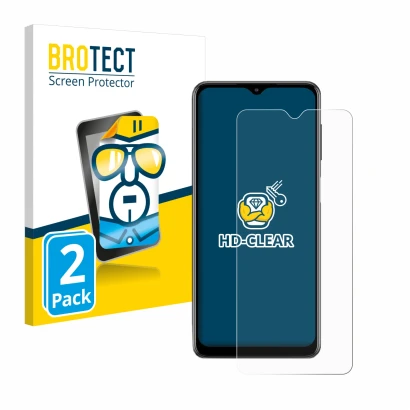 Parte frontal de un envase de producto con el logotipo de la marca BROTECT. Al lado se muestra el dispositivo Samsung Galaxy M