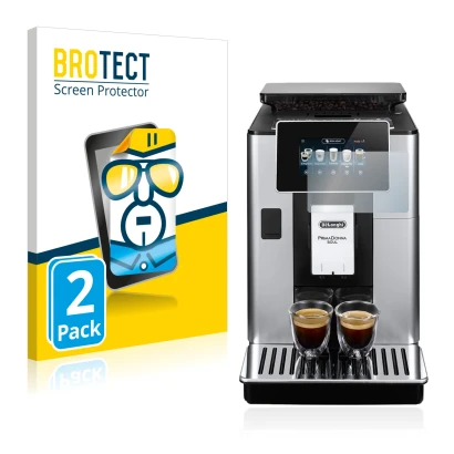 Parte frontal de un envase de producto con el logotipo de la marca BROTECT. Al lado se muestra el dispositivo DeLonghi PrimaDo