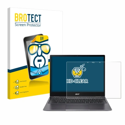 Parte frontal de un envase de producto con el logotipo de la marca BROTECT. Al lado se muestra el dispositivo Acer Chromebook 