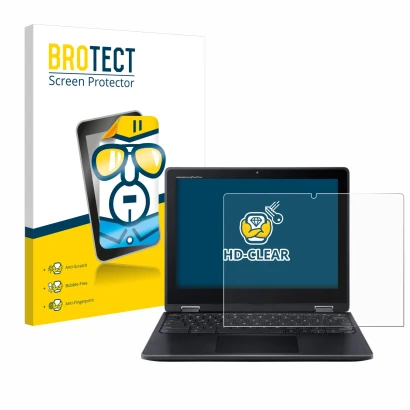 Parte frontal de un envase de producto con el logotipo de la marca BROTECT. Al lado se muestra el dispositivo Acer Chromebook 