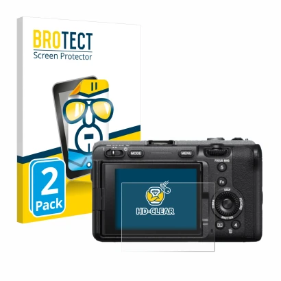 Parte frontal de un envase de producto con el logotipo de la marca BROTECT. Al lado se muestra el dispositivo Sony FX3 con su