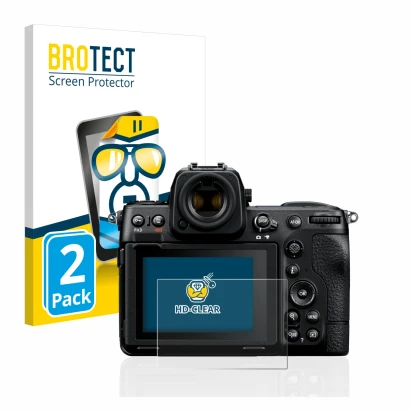 Parte frontal de un envase de producto con el logotipo de la marca BROTECT. Al lado se muestra el dispositivo Nikon Z 8 con su