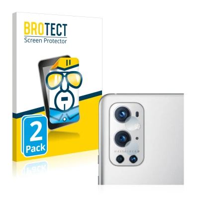 Parte frontal de un envase de producto con el logotipo de la marca BROTECT. Al lado se muestra el dispositivo OnePlus 9 Pro (S