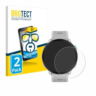 Parte frontal de un envase de producto con el logotipo de la marca BROTECT. Al lado se muestra el dispositivo Garmin Forerunne