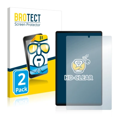 Parte frontal de un envase de producto con el logotipo de la marca BROTECT. Al lado se muestra el dispositivo Lenovo Tab M10 F