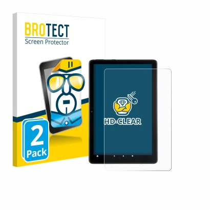 Parte frontal de un envase de producto con el logotipo de la marca BROTECT. Al lado se muestra el dispositivo Amazon Fire HD 1