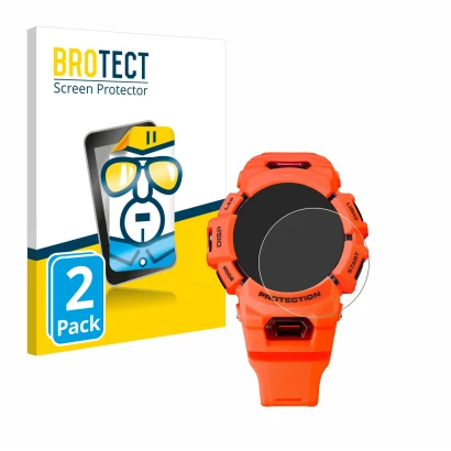 Parte frontal de un envase de producto con el logotipo de la marca BROTECT. Al lado se muestra el dispositivo Casio G-Shock GB